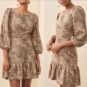 🩵Maeve Anthropologie Leopard Print Dress Open Tie Puff Sleeve Ruffle Bubble